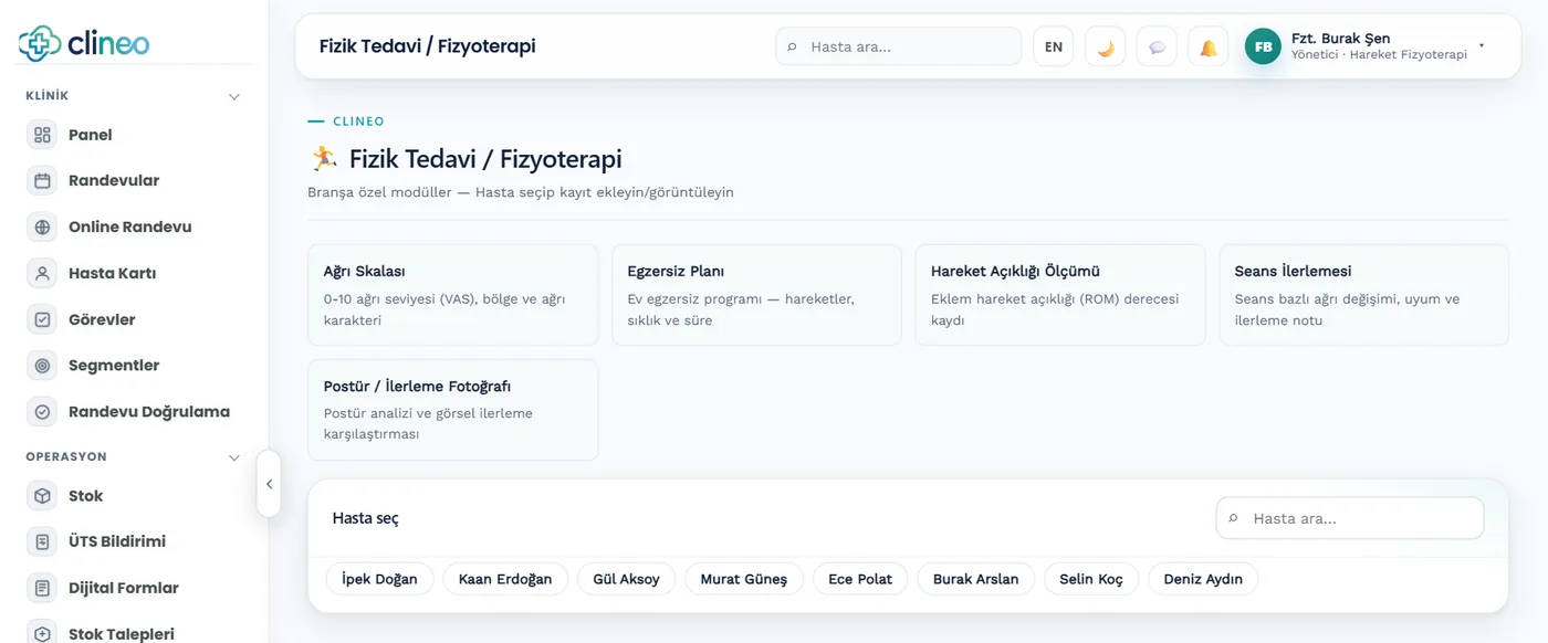 Clineo panelinde Fizik Tedavi / Fizyoterapi branşına özel modüller: Ağrı Skalası, Egzersiz Planı, Hareket Açıklığı Ölçümü ve Seans İlerlemesi