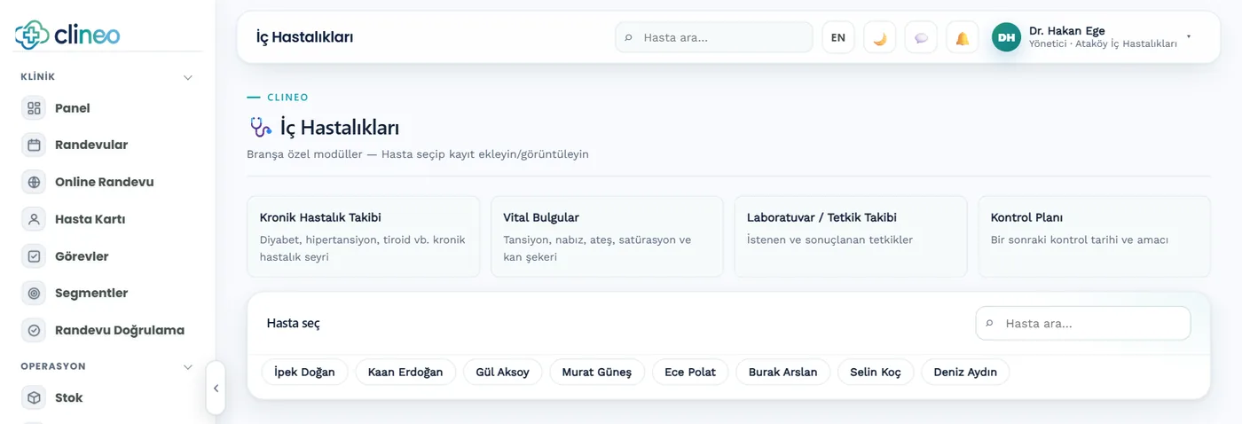 Clineo panelinde İç Hastalıkları branşına özel modüller: Kronik Hastalık Takibi, Vital Bulgular, Laboratuvar / Tetkik Takibi ve Kontrol Planı