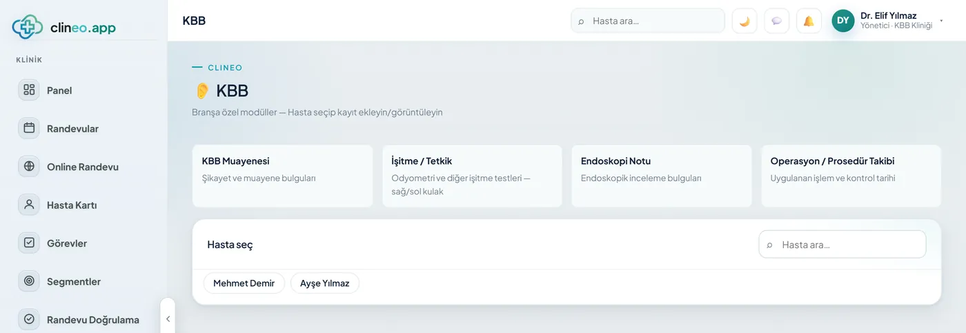 HNO-Module im Clineo-Panel: HNO-Untersuchung, Hörtest/Befunde, Endoskopie-Notiz und OP-/Eingriffsverfolgung