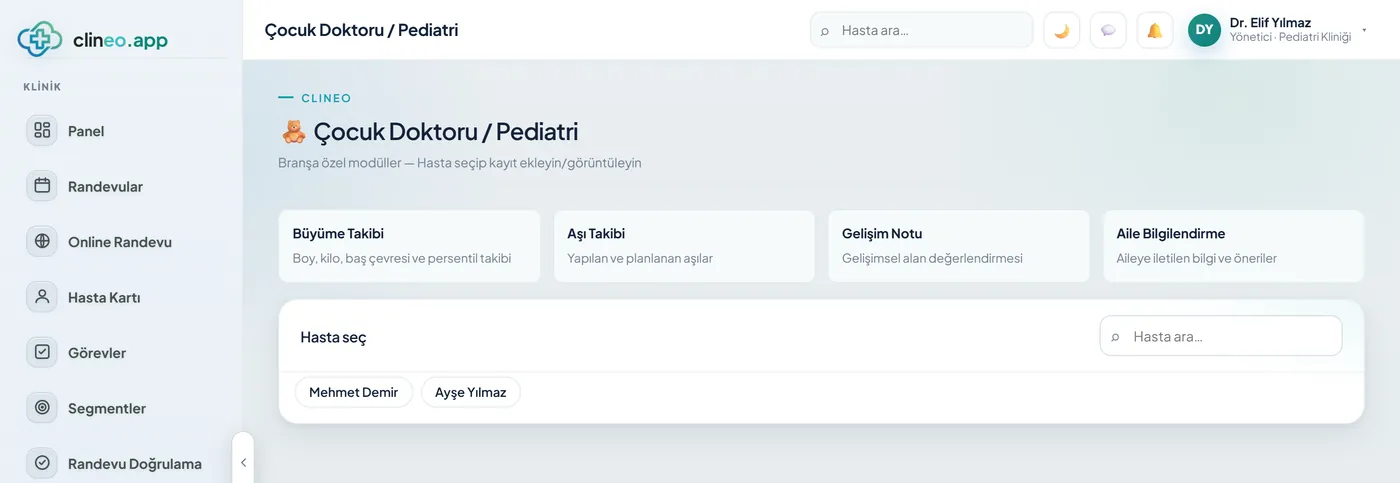 Clineo panelinde Çocuk Doktoru / Pediatri branşına özel modüller: Büyüme Takibi, Aşı Takibi, Gelişim Notu ve Aile Bilgilendirme
