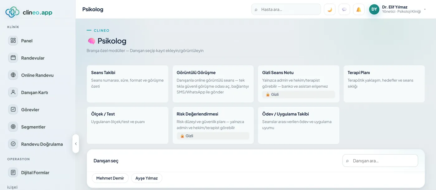 Clineo panelinde Psikolog branşına özel modüller: Seans Takibi, Görüntülü Görüşme, Gizli Seans Notu, Terapi Planı, Ölçek / Test, Risk Değerlendirmesi ve Ödev Takibi