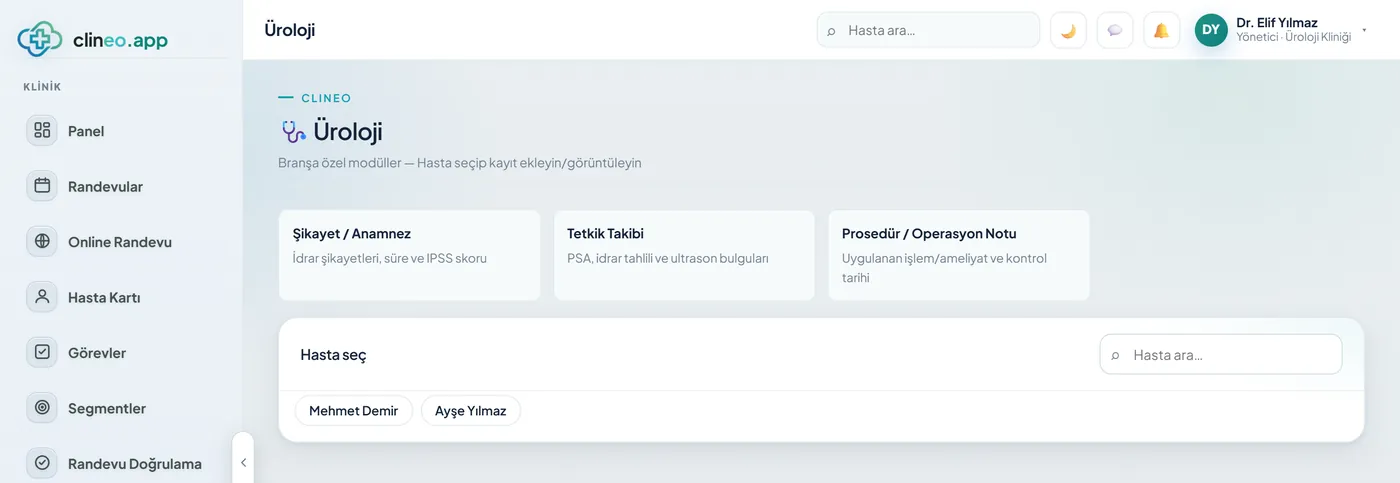 Clineo panelinde Üroloji branşına özel modüller: Şikayet / Anamnez, Tetkik Takibi ve Prosedür / Operasyon Notu